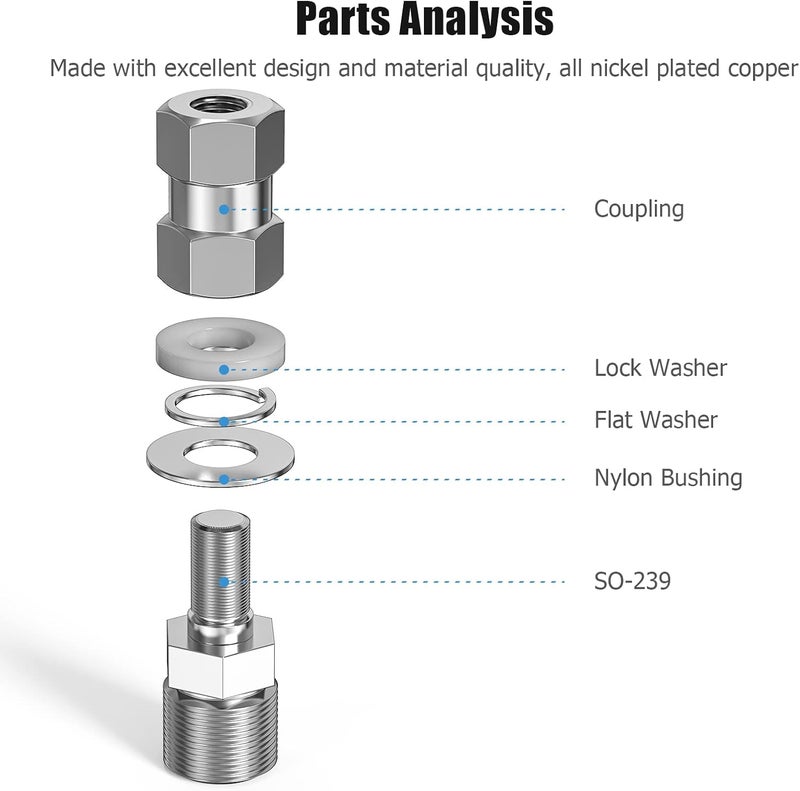 Ancable Heavy Duty CB Antenna Stud Mount Adapter Copper Nickel Plated with SO-239 Connector for Mounting 3/8 x 24 Threads CB HAM Radio Antennas - Image 3